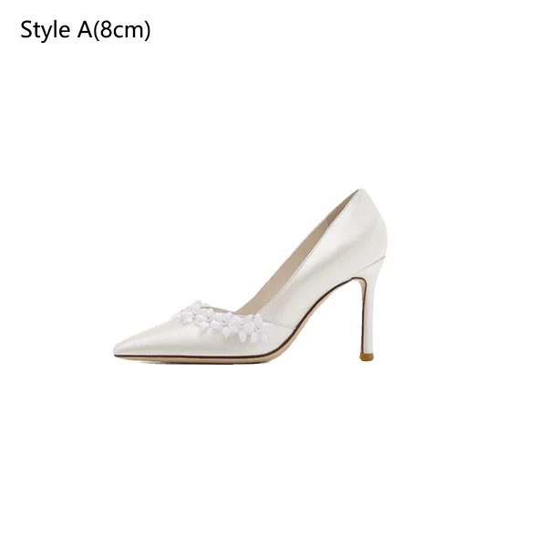 Elegant White Satin Appliques Wedding Shoes 2024 8 cm Stiletto Heels Pointed Toe Wedding Pumps High Heels
