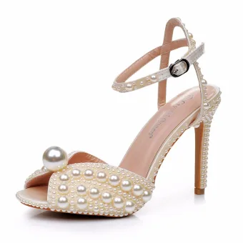 Sexy Champagne Perle Chaussure De Mariée 2024 Bride Cheville 10 Cm Talons Aiguilles Peep Toes Bout Ouvert Mariage Sandales Talons Hauts