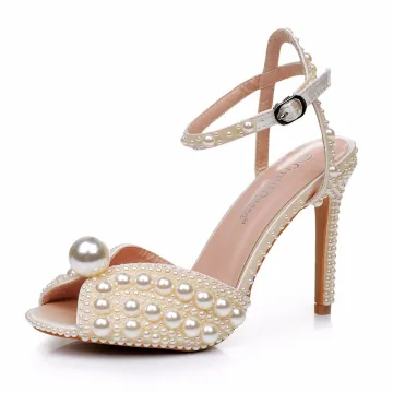 Sexy Champagne Pearl Wedding Shoes 2024 Ankle Strap 10 Cm Stiletto Heels Open Peep Toe Wedding Sandals High Heels