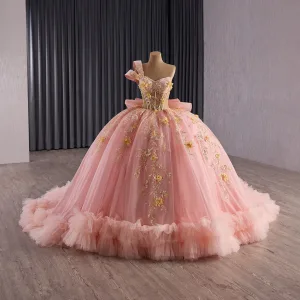 Luksus Blomsterfe Rødmende Rosa Beading Appliques Paljetter Ballkjoler 2025 Ballkjole En Skulder Uten Ermer Ryggløse Sløyfe Domstol Tog Formelle Kjoler
