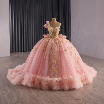 Luxe Fée Des Fleurs Rougissant Rose Perlage Appliques Paillettes Robe De Bal 2025 Robe Boule Une Épaule Sans Manches Dos Nu Noeud Tribunal Train Robe De Ceremonie