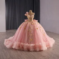 Luxus / Herrlich Blumenfee Rosa Perlenstickerei Applikationen Pailletten Ballkleider 2025 Ballkleid One-Shoulder Ärmellos Rückenfreies Schleife Hof-Schleppe Festliche Kleider