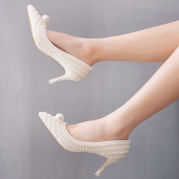 Elegant Beige Pearl Wedding Shoes 2023 7 cm Stiletto Heels Pointed Toe Wedding Pumps High Heels