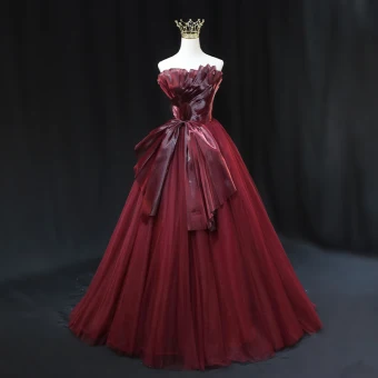 Mode Haut De Gamme Bordeaux Noeud Robe De Bal 2023 Robe Boule Bustier Sans Manches Dos Nu Longue Promo Robe De Ceremonie