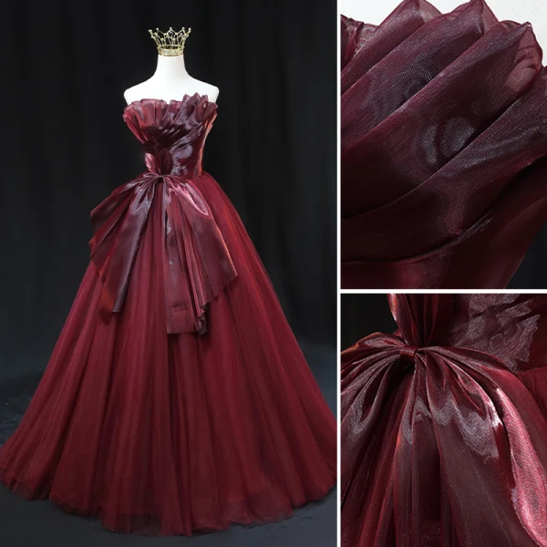 Mode Haut de Gamme Bordeaux Noeud Robe De Bal 2023 Robe Boule Bustier Sans Manches Dos Nu Longue Promo Robe De Ceremonie