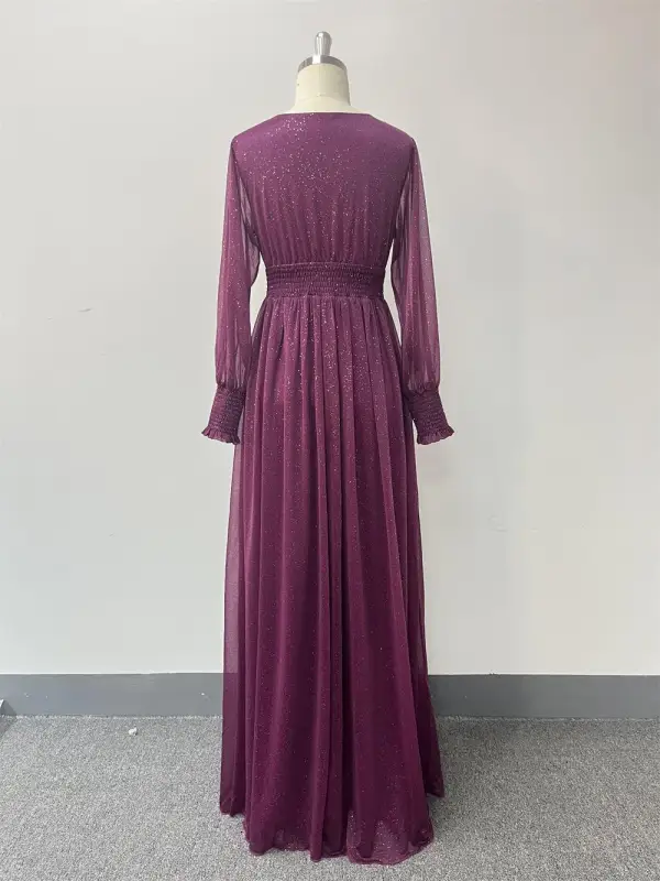 Modest / Simple Fuchsia Glitter Prom Dresses 2024 A-Line / Princess V-Neck Long Sleeve Floor-Length / Long Prom Formal Dresses
