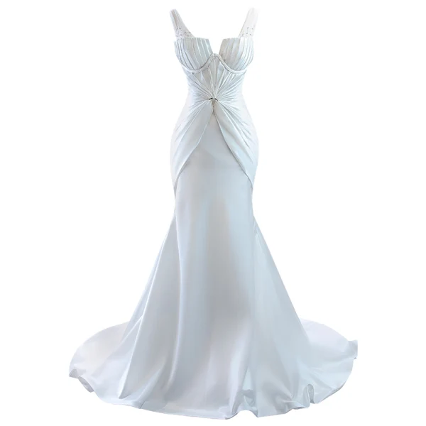 Haut de Gamme Ivoire Satin Paillettes Robe De Mariée 2022 Trompette / Sirène V-Cou Sans Manches Dos Nu Train De Balayage Mariage