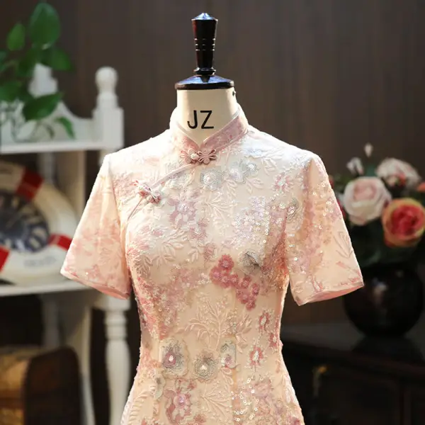 Chic / Beautiful Blushing Pink Lace Flower Sequins Evening Party Cheongsam 2024 Trumpet / Mermaid High Neck Short Sleeve Tea-length