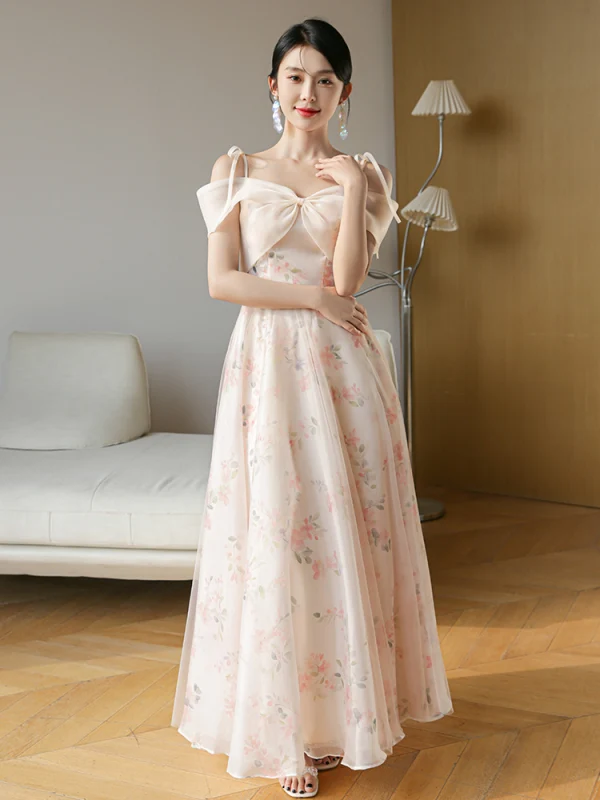 Chic / Beautiful Blushing Pink Bow Printing Bridesmaid Dresses 2023 A-Line / Princess Short Sleeve Backless Floor-Length / Long Bridesmaid Dresses