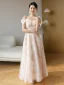 Chic / Beautiful Blushing Pink Bow Printing Bridesmaid Dresses 2023 A-Line / Princess Short Sleeve Backless Floor-Length / Long Bridesmaid Dresses