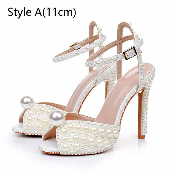 Elegant White Pearl Wedding Shoes 2024 Ankle Strap 8 cm Stiletto Heels Open / Peep Toe Wedding Sandals High Heels