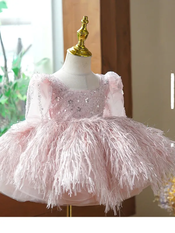 Chic / Beautiful Blushing Pink Beading Tassel Short Birthday Flower Girl Dresses 2023 Ball Gown Square Neckline Short Sleeve Flower Girl Dresses