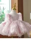 Chic / Beautiful Blushing Pink Beading Tassel Short Birthday Flower Girl Dresses 2023 Ball Gown Square Neckline Short Sleeve Flower Girl Dresses