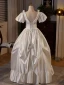 Vintage / Retro Ivory Appliques Satin Wedding Dresses 2024 Ball Gown V-Neck Puffy Short Sleeve Backless Floor-Length / Long Wedding