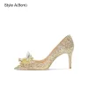 Cinderella Gold Crystal Wedding Shoes 2023 Leather 8 cm Stiletto Heels Pointed Toe Wedding Pumps High Heels