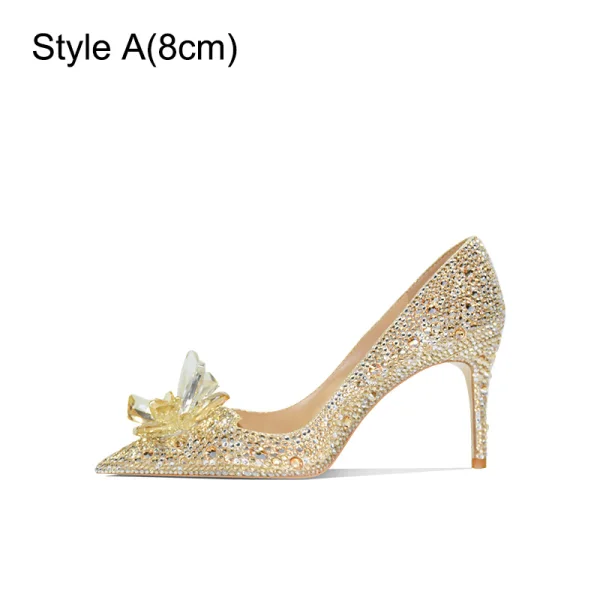 Charming Gold Crystal Wedding Shoes Wedding 2023 Rhinestone Leather 8 cm Stiletto Heels Pointed Toe Pumps High Heels