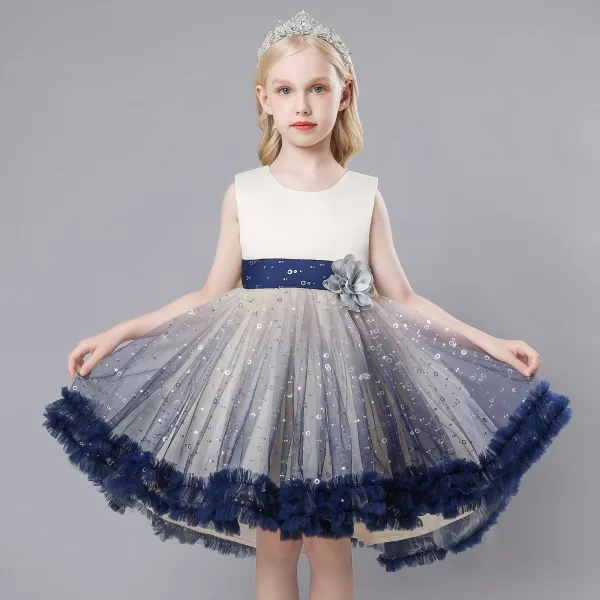 Chic / Beautiful Champagne Appliques Sequins Birthday Flower Girl Dresses 2023 A-Line / Princess Scoop Neck Sleeveless Bow Short Flower Girl Dresses