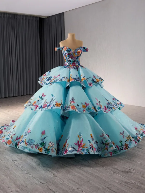 Fancy High-end Pool Blue Beading Cascading Ruffles Handmade  Sequins Lace Flower Prom Dresses 2024 Ball Gown Off-The-Shoulder Sleeveless Backless