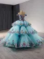 Fancy High-end Pool Blue Beading Cascading Ruffles Handmade  Sequins Lace Flower Prom Dresses 2024 Ball Gown Off-The-Shoulder Sleeveless Backless