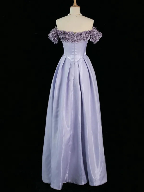 Chic / Beautiful Lavender Pearl Appliques Satin Prom Dresses 2024 A-Line / Princess Off-The-Shoulder Sleeveless Backless Floor-Length / Long Prom Formal Dresses