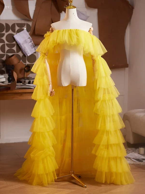 Fashion Yellow Cascading Ruffles Prom shawl 2025 Tulle