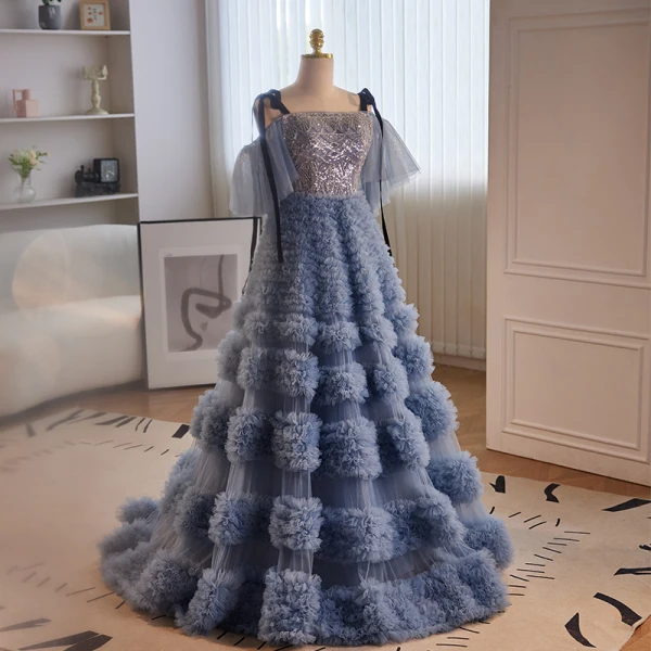 High End Meeresblau Fallende Rüsche Perlenstickerei Pailletten Ballkleider 2023 A Linie Spaghettiträger Kurze Ärmel Rückenfreies Sweep / Pinsel Zug Festliche Kleider