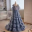 High End Meeresblau Fallende Rüsche Perlenstickerei Pailletten Ballkleider 2023 A Linie Spaghettiträger Kurze Ärmel Rückenfreies Sweep / Pinsel Zug Festliche Kleider