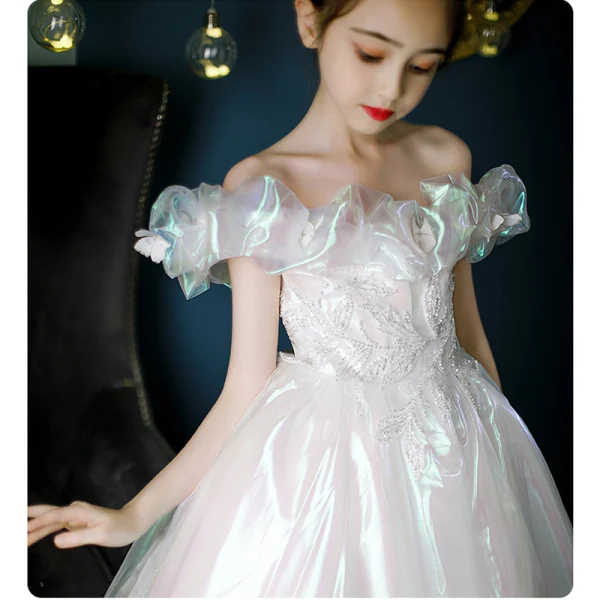 Charmant Blanche Laser Anniversaire Robe Ceremonie Fille 2022 Robe Boule De l'épaule Sans Manches Dos Nu Perle Perlage En Dentelle Fleur Longue Robe Ceremonie Fille