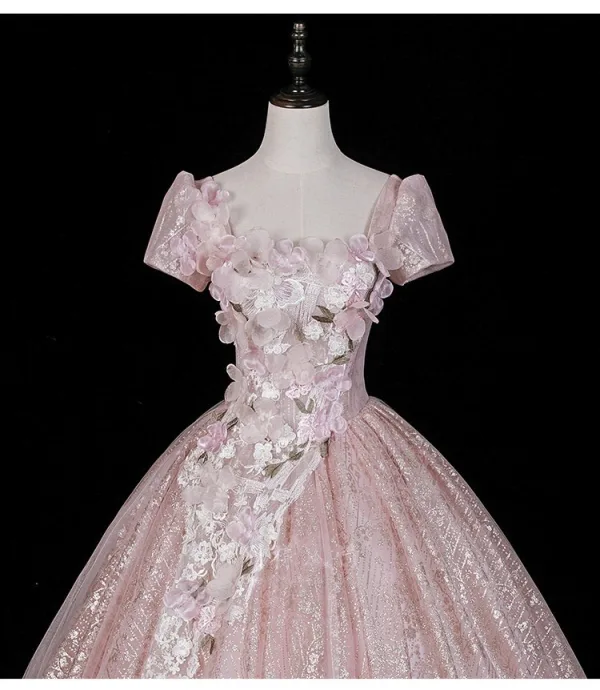 Blumenfee Rosa Perlenstickerei Pailletten Spitze Blumen Applikationen Ballkleider 2026 Ballkleid Eckiger Ausschnitt Rückenfreies Kurze Ärmel