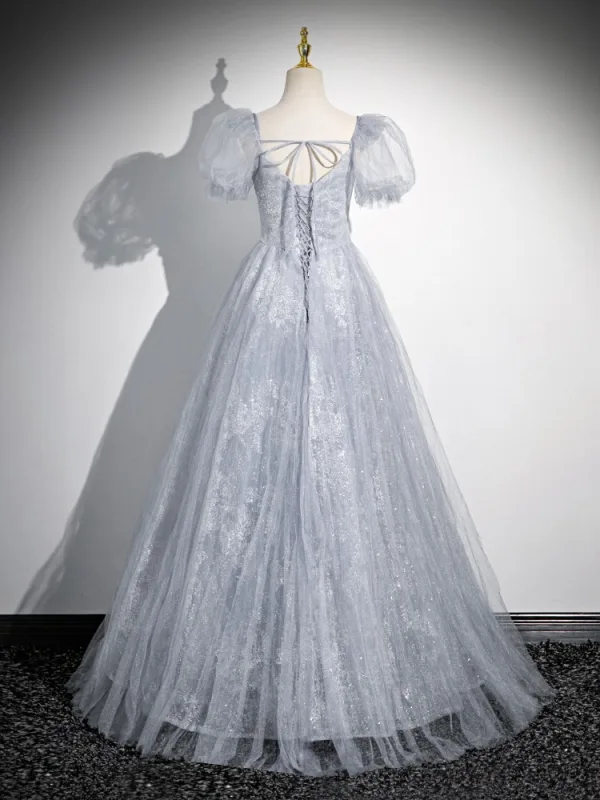 Elegant Sky Blue Beading Floor-Length / Long Prom Dresses 2024 A-Line / Princess Square Neckline Short Sleeve Backless Bow Prom Formal Dresses