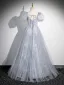 Elegant Sky Blue Beading Floor-Length / Long Prom Dresses 2024 A-Line / Princess Square Neckline Short Sleeve Backless Bow Prom Formal Dresses