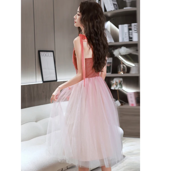 Charmant Rougissant Rose Paillettes Robe De Bal 2022 Princesse Bretelles Spaghetti Sans Manches En Dentelle Appliques Faux Diamant Dos Nu Mi-Longues Robe De Ceremonie