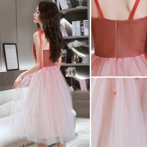 Charmant Rougissant Rose Paillettes Robe De Bal 2022 Princesse Bretelles Spaghetti Sans Manches En Dentelle Appliques Faux Diamant Dos Nu Mi-Longues Robe De Ceremonie