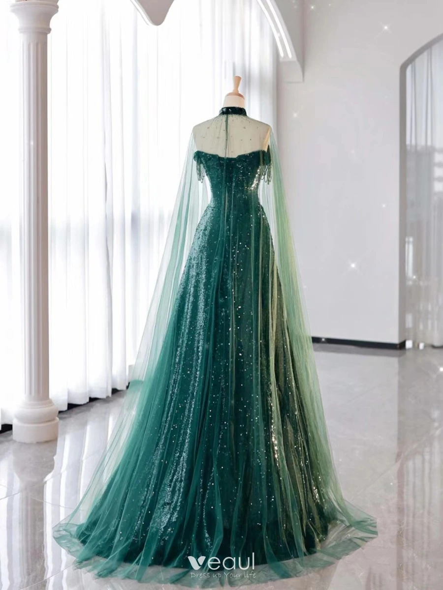 Sparkly Sexy Dark Green Beading Sequins Evening Dresses 2024 A-Line /  Princess Strapless Sleeveless Backless Floor-Length / Long Evening Party Formal  Dresses
