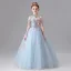 Chic / Beautiful Sky Blue Beading Tassel Sequins Birthday Flower Girl Dresses 2025 Ball Gown High Neck Sleeveless Floor-Length / Long