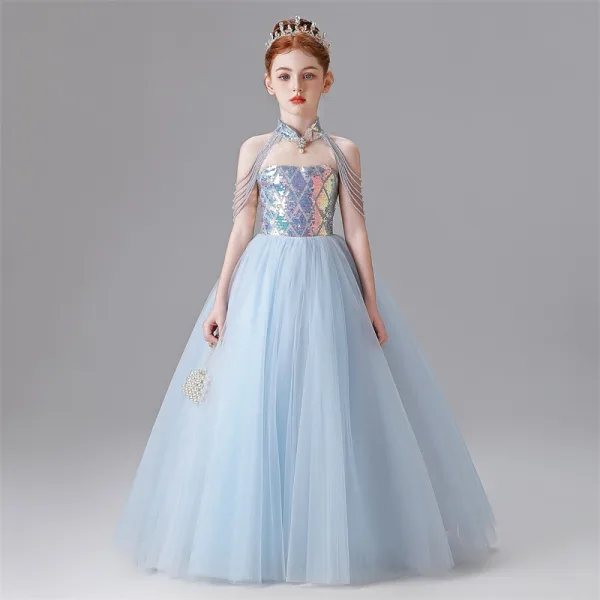 Fashion Sky Blue Beading Tassel Sequins Birthday Flower Girl Dresses 2025 Ball Gown High Neck Sleeveless Floor-Length / Long