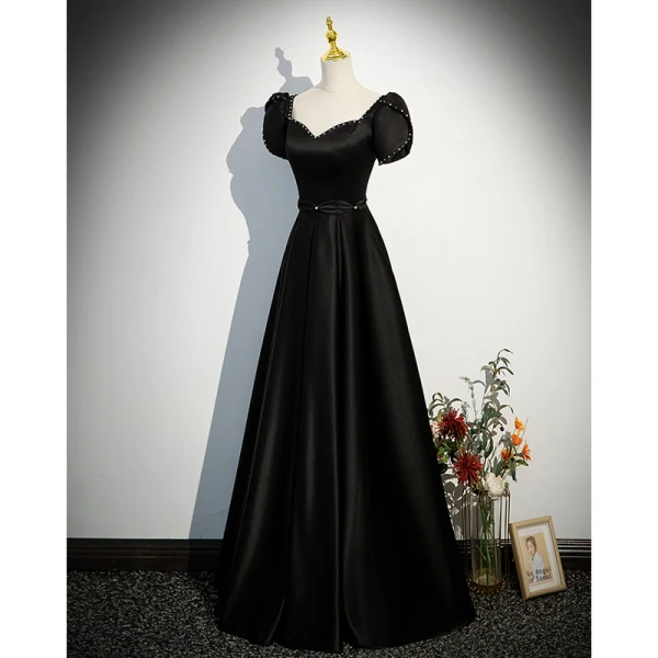 Elegant Black Satin Evening Dresses 2023 A-Line / Princess Square Neckline Short Sleeve Backless Floor-Length / Long Prom Formal Dresses