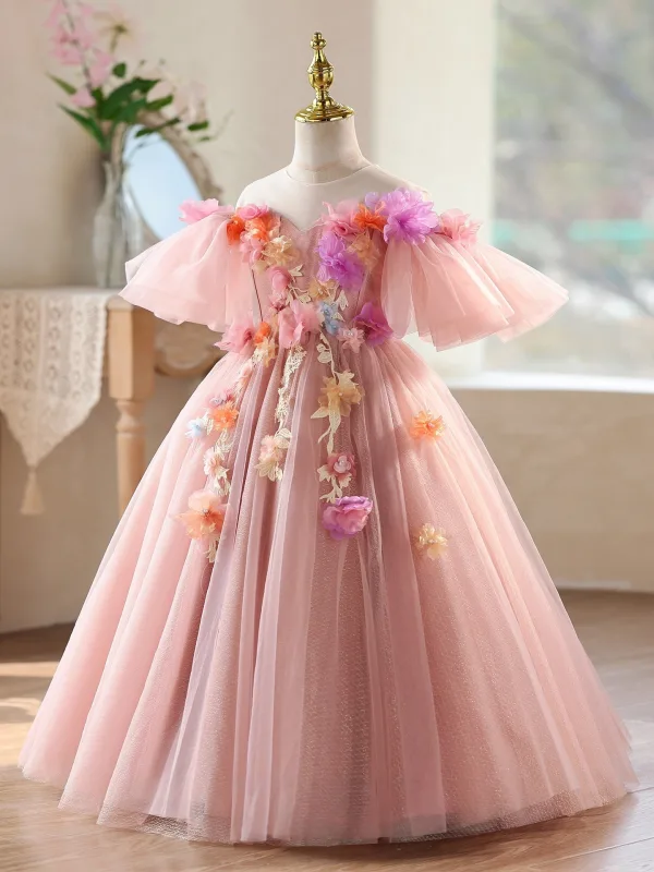 Flower Fairy Blushing Pink Lace Flower Appliques Birthday Flower Girl Dresses 2026 Ball Gown Scoop Neck Bell sleeves Backless Floor-Length / Long