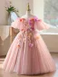 Flower Fairy Blushing Pink Lace Flower Appliques Birthday Flower Girl Dresses 2026 Ball Gown Scoop Neck Bell sleeves Backless Floor-Length / Long