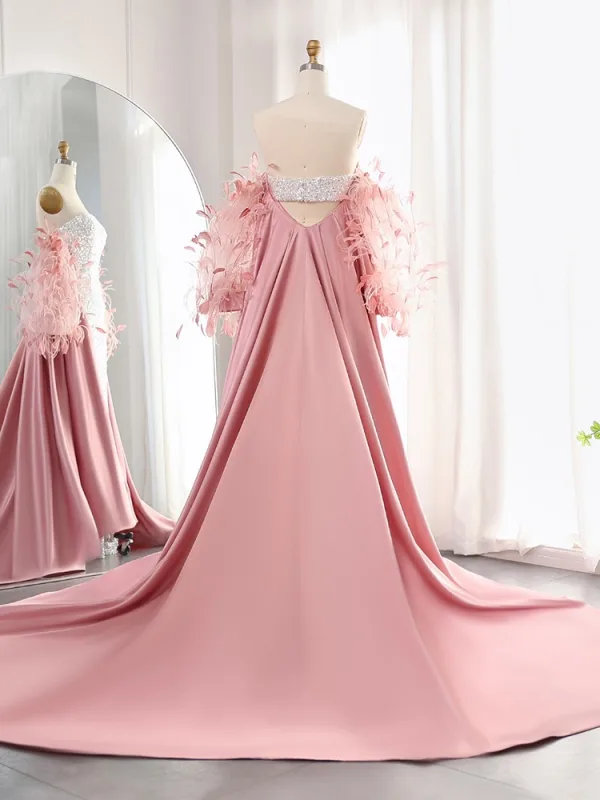 Sexy Argenté Paillettes Plumes Robe De Bal 2025 Trompette / Sirène Bustier Sans Manches Dos Nu Tribunal Train Robe De Ceremonie