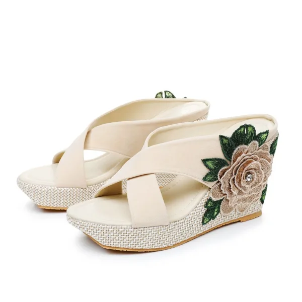 Böhmen Beige Strand Applikationen 9 cm Keilabsatz Sandalen Damen 2025 Peeptoes Sandaletten Hochhackige
