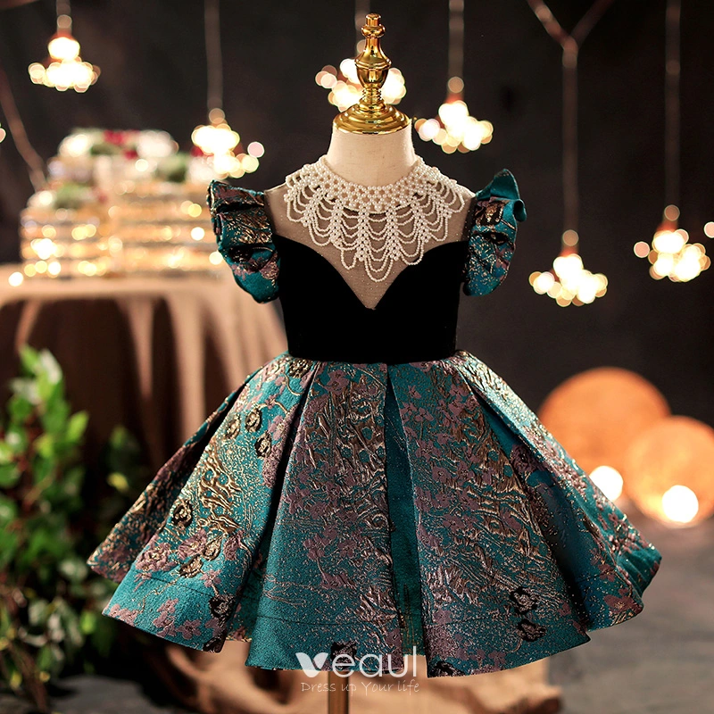 Vintage / Retro Dark Green Sequins Embroidered Prom Flower Girl Dresses 2022  A-Line / Princess Scoop Neck Satin Short Sleeve Short Flower Girl Dresses