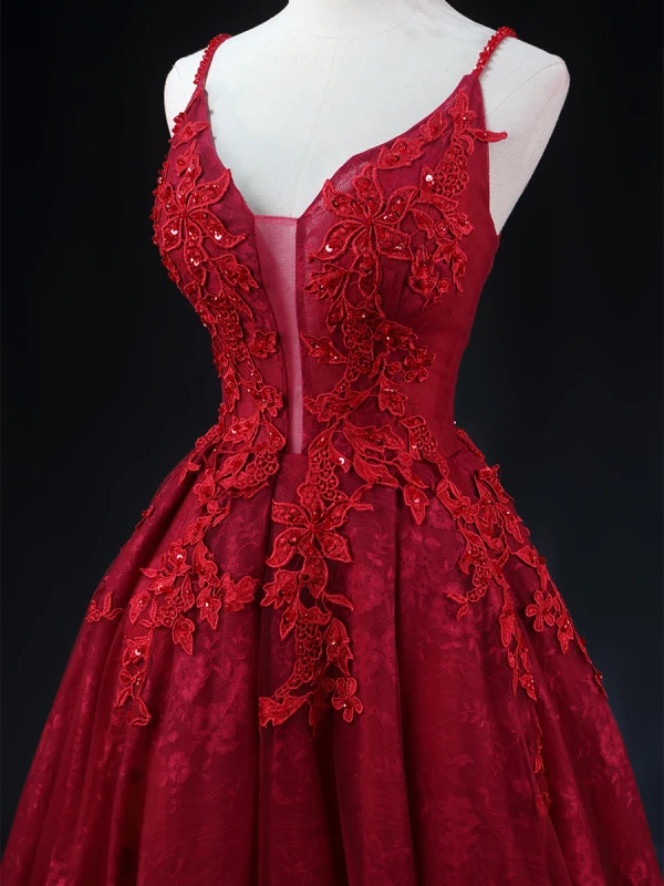 Sexy Burgundy Beading Sequins Lace Flower Evening Dresses 2023 A-Line / Princess Spaghetti Straps Sleeveless Backless Floor-Length / Long Evening Party Formal Dresses