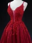 Sexy Burgundy Beading Sequins Lace Flower Evening Dresses 2023 A-Line / Princess Spaghetti Straps Sleeveless Backless Floor-Length / Long Evening Party Formal Dresses
