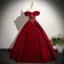 Elegant Burgundy Pearl Velvet Prom Dresses 2025 A-Line / Princess Off-The-Shoulder Short Sleeve Backless Floor-Length / Long Prom Formal Dresses