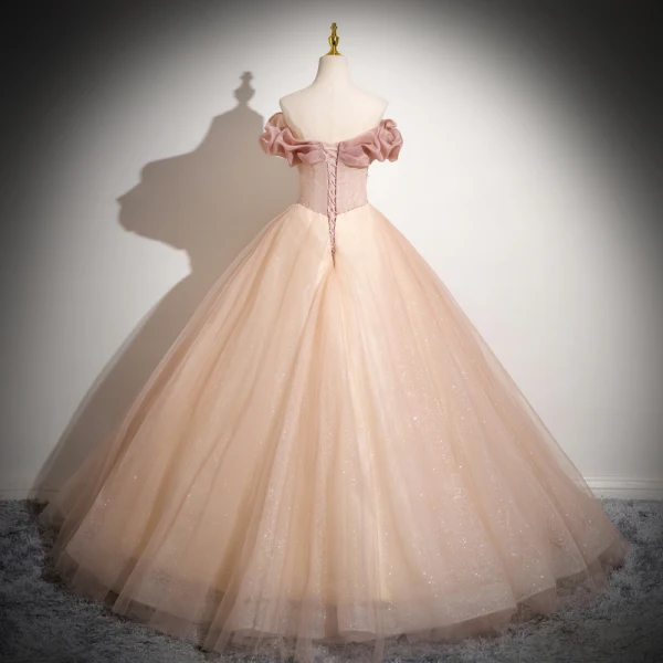 Elegant Champagne Beading Pearl Prom Dresses 2024 Ball Gown Ruffle Off-The-Shoulder Sleeveless Backless Floor-Length / Long Prom Formal Dresses