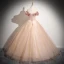 Elegant Champagne Beading Pearl Prom Dresses 2024 Ball Gown Ruffle Off-The-Shoulder Sleeveless Backless Floor-Length / Long Prom Formal Dresses