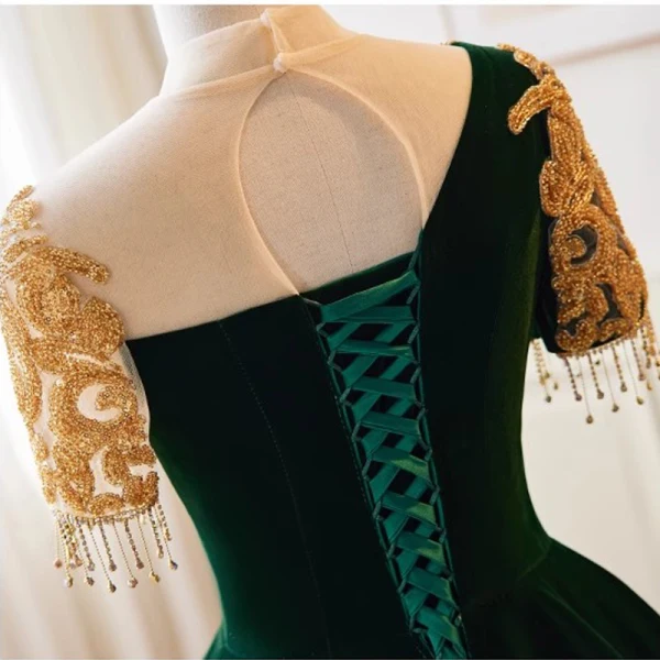 Vintage / Retro Dark Green Velvet Beading Rhinestone Tassel Prom Dresses 2023 A-Line / Princess High Neck Short Sleeve Backless Floor-Length / Long Formal Dresses