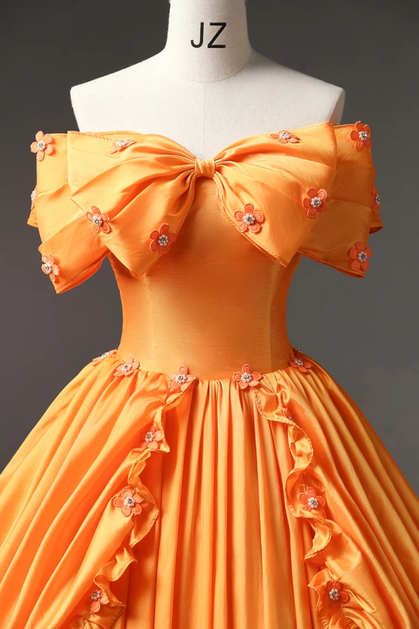 Elegant Orange Appliques Prom Dresses 2023 Ball Gown Bow Off-The-Shoulder Short Sleeve Backless Floor-Length / Long Prom Formal Dresses