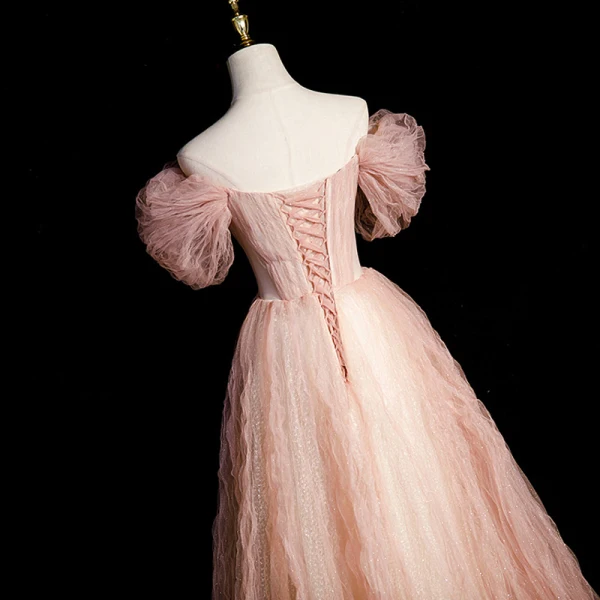 Chic / Belle Rougissant Rose Appliques Paillettes Robe De Bal 2023 Princesse De l'épaule Perle Faux Diamant Manches Courtes Dos Nu Longue Robe De Ceremonie